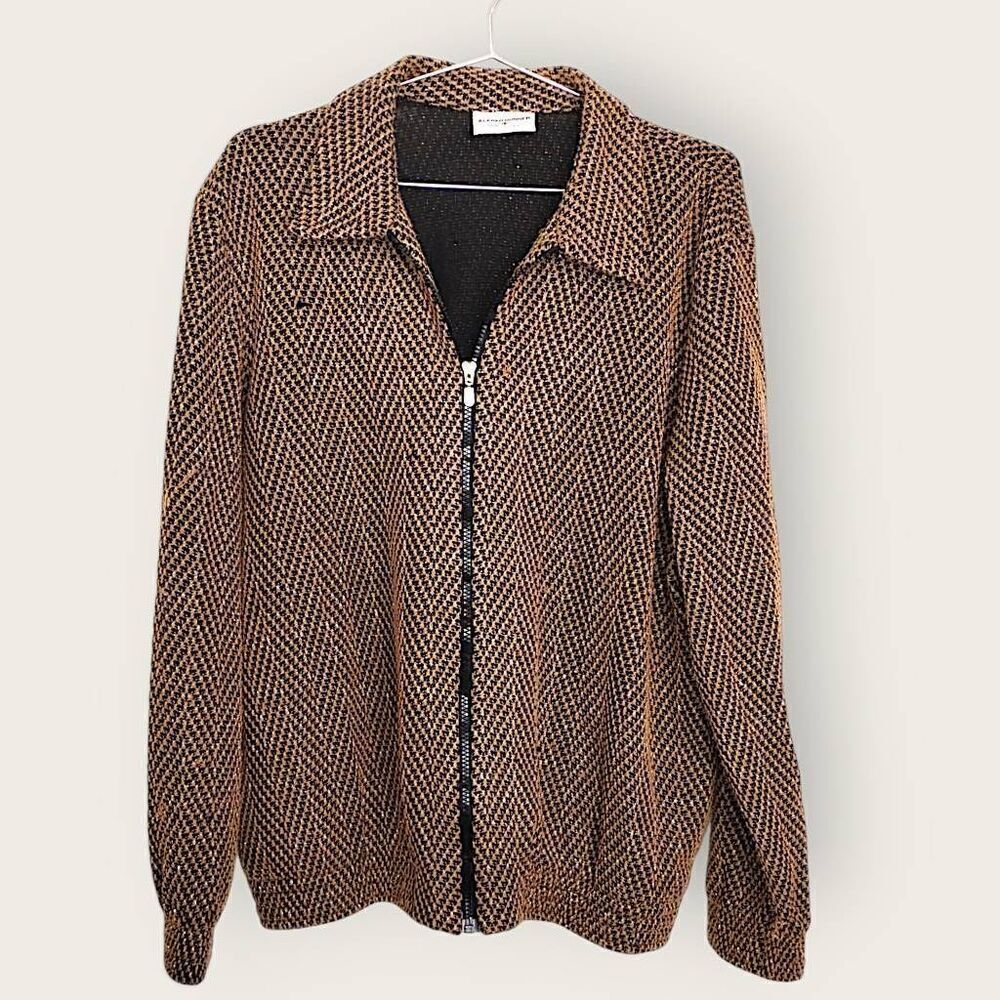 Alfred Dunner‎ Womens Jacket Sz 16 Black Gold Zip Front Tweed Vtg 80s Classicore